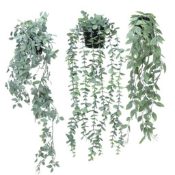Artificial Hanging Plants Set of 3 with Pots, Faux Eucalyptus Monstera and Snow Pea Vines, Low Maintenance Indoor Outdoor Greenery for Wall, Shelf, Of