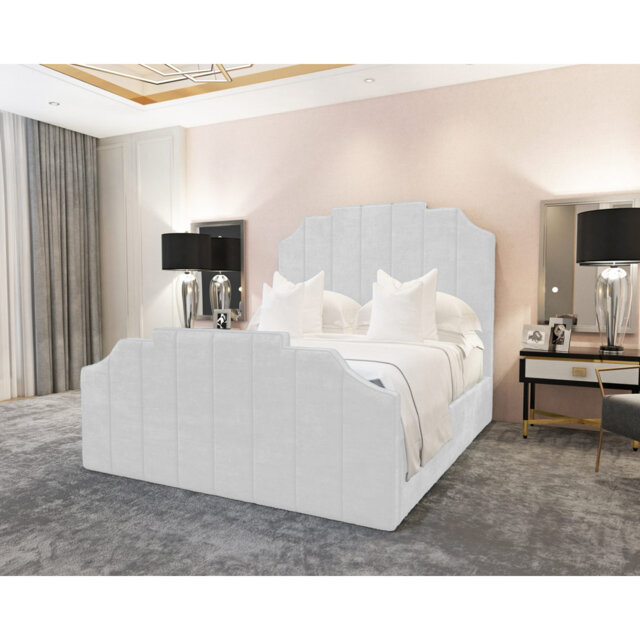 Annalei Regal Velvet Upholstered Bed Frame - Shaped Headboard, Chrome Feet