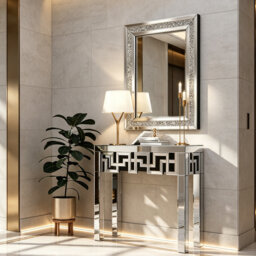 80cm Diamond Accent Mirror and 80cm Geometric Mirrored Console Table Entryway Set
