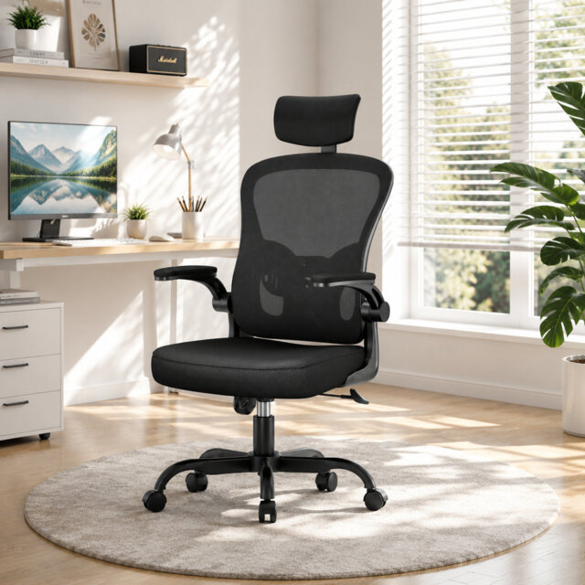 Ergonomic Mesh Office Chair with Adjustable Headrest, Swivel Desk Chair with Flip-Up Arms