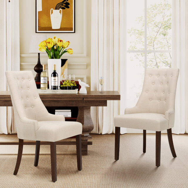 Set of 2 Wingback Dining Chairs, Solid Wood Frame with Linen-Textured Upholstery & Tufted Back