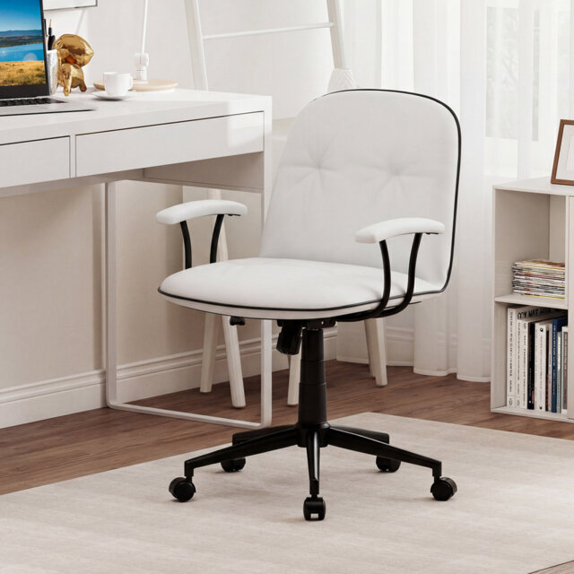 Home Office Desk Chair Pu Leather Swivel Makeup Vanity Chair-White