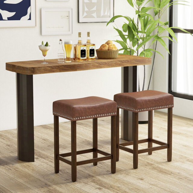 Set Of 2 Bar Stools Upholstered Counter Height Saddle Stools PU Leather