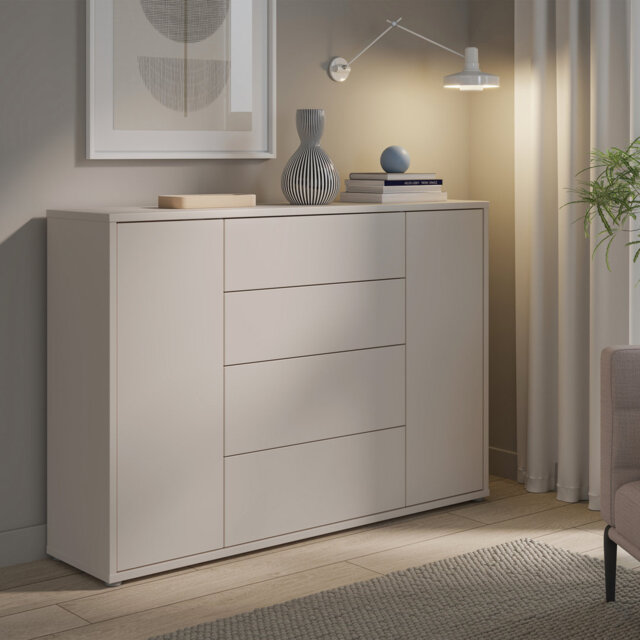 Modern 4-drawer, 2-door sideboard, engineered wood, 143.9 cm W x 99.1 cm H x 34.9 cm D