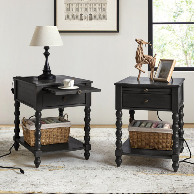 Eric 60.96cm W Traditional Soild Bedside Table with Extendable Tray Set of 2