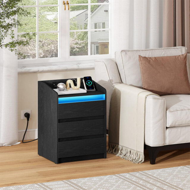 Bedside Tables Set Of 2 With 3 Drawers, Bedside Cabinet, Side Table With Charging Station And LED, 2 AC And 2 USB Ports, Nightstand For Bedroom, Livin