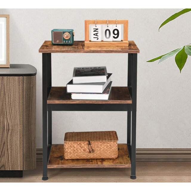 3-Tier Industrial Side Table, Solid Wood Tall End Table with Storage Shelves for Bedroom, Living Room & Office
