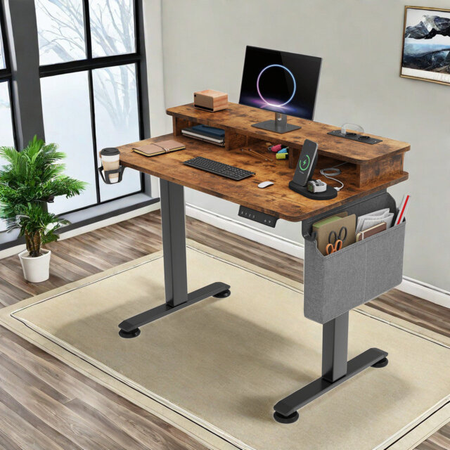 Scothorn Height Adjustable Office Desk, Rectangle Standing Desk with Hutch