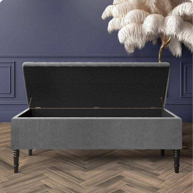 Paris Striped Ottoman Storage Bench - Upholstered Plush Velvet Shoes Bench with Black Turned Wooden Legs