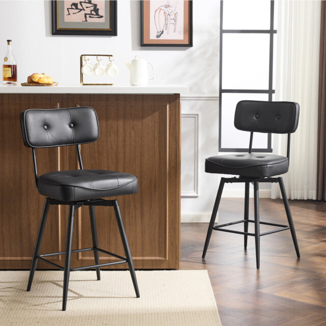2Pcs Black PU Seat Cushion With Detachable Backrest + Iron Legs Swivel Bar Stool