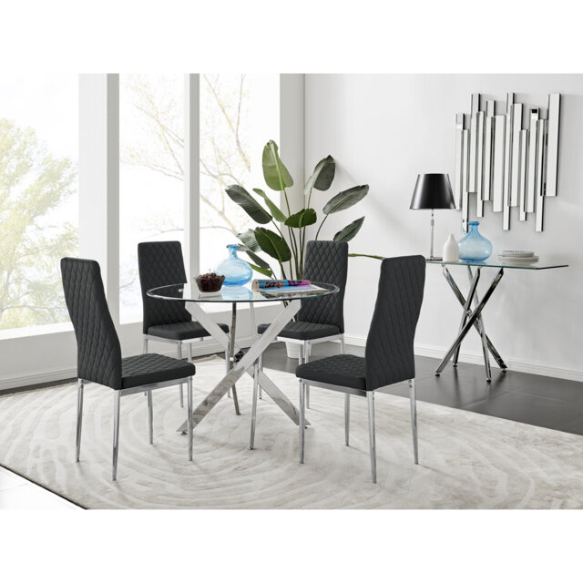 Tierra Modern Metal & Glass Round Dining Table Set with 4 Quilted Faux Leather Chairs