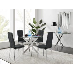Tierra Modern Metal & Glass Round Dining Table Set with 4 Quilted Faux Leather Chairs