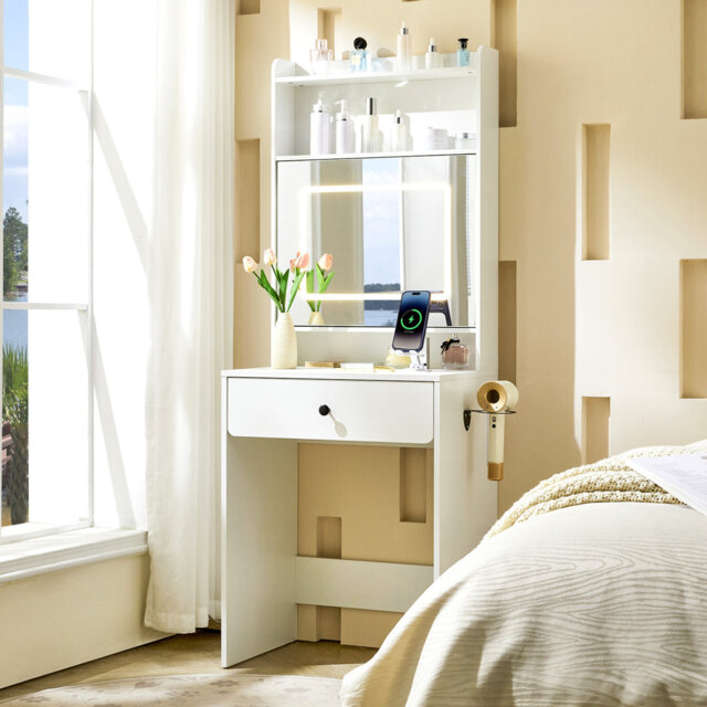 Dressing Table With Mirror And Led Lights, Compact Small Vanity Desk With Charging Station
