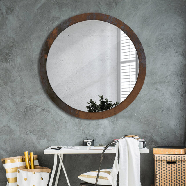 Huldar Round Glass Framed Wall Mounted Accent Mirror in Brown
