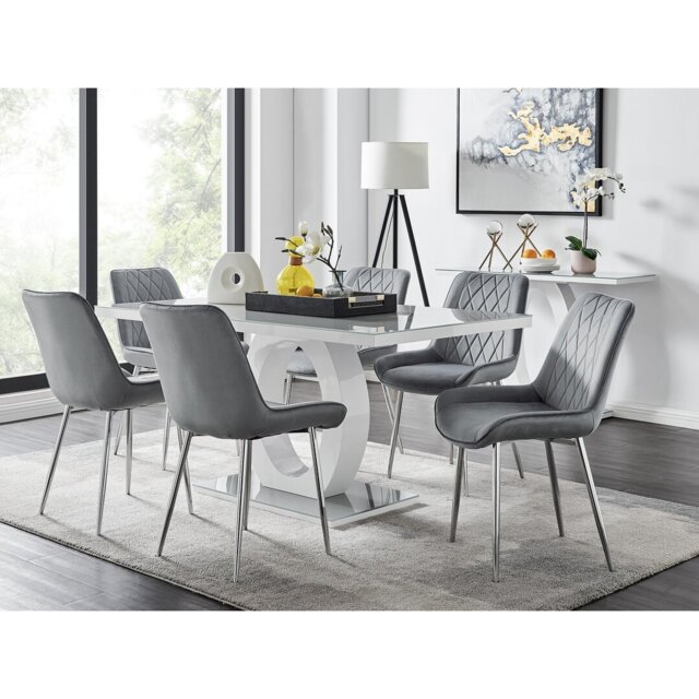 Scottsmoor Modern High Gloss & Glass Dining Set - 6 Luxury Velvet Mid-Century Upholstered Chairs