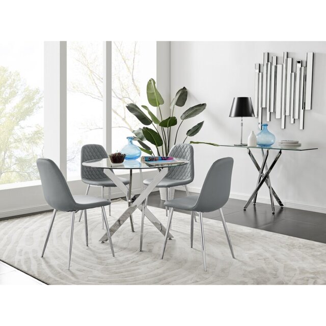 Tierra Modern Chrome Metal & Glass Round Dining Table Set with 4 Luxury Faux Leather Chairs