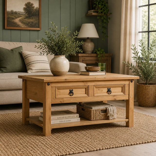 Coffee Table with Storage 2 Drawer Solid