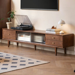 200cm Solid Oak TV Stand with Fluted Glass Doors, Drawers