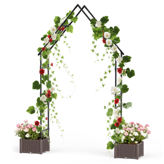 Metal Garden Arbor Trellis with 2 Planter Boxes, 200.2 x 40 x 240 cm or 78.8 x 15.75 x 94.49 in Decorative Archway for Climbing Plants, Weather Resist