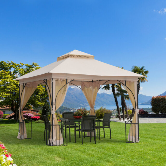 3 X 3m Double Tier Garden Gazebo With Mesh Netting, Powder Coated Metal Frame, 17 Ground Stakes Included, Outdoor Patio Party Tent Sun Shade Shelter,