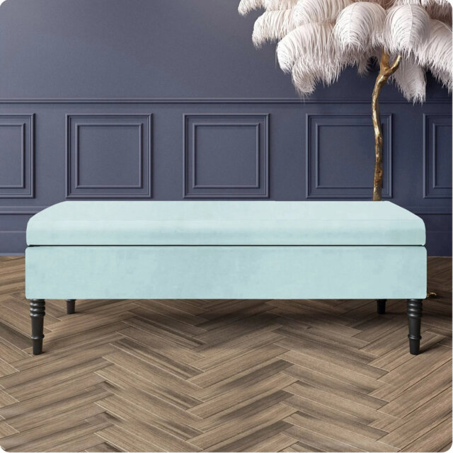 Safar Plain Upholstered Plush Velvet Ottoman Storage Bench with Black Turned Wooden Legs