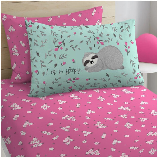 Kids Sleepy Sloth Fitted Sheet Set Cotton Blend Bedding with Pillowcases Elasticated Edges Secure Fit Soft Breathable Easy Care Washable