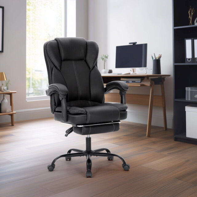 Ergonomic PU Leather Office Chair with 3D Lumbar, Reclining Lock & Retractable Footrest