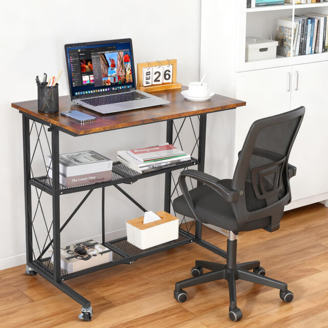 Collapsible Computer Desk with Wheels - 3-Tier No-Assembly Rolling Metal Shelves - Space-Saving Mobile Workstation for Home Office, Study, Kitchen, Li