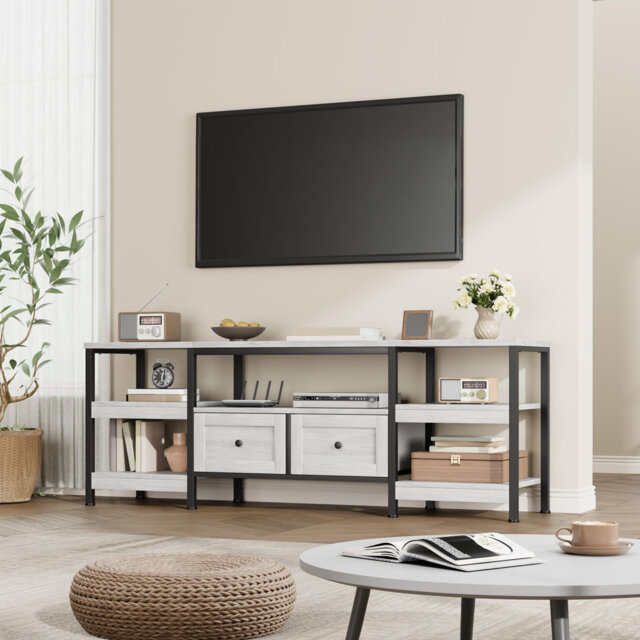 160cm Industrial TV Stand with 2 Drawers - Rustic Media Console for TVs Up to 75 Inches, Open Metal Frame Multi-Layer Storage Cabinet Compact Modern T