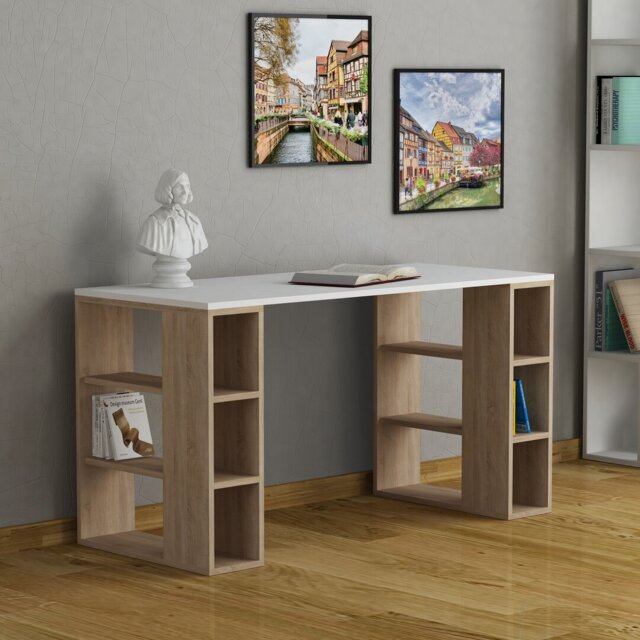 Simone Modern Desk with Built-in Bookcase â Stylish Workspace Desk with 6 Open Shelves