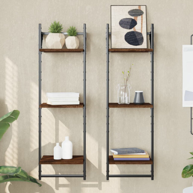 Vidaxl 3-Tier Wall Shelves With Bars 2 Pcs Brown Oak 30X25x100 Cm