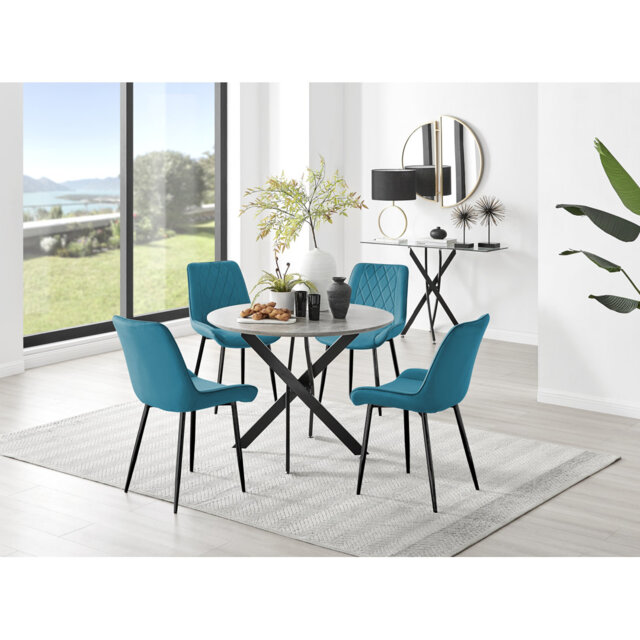 Tierra Modern Chrome Metal & Glass Round Dining Table Set with 4 Luxury Velvet Dining Chairs