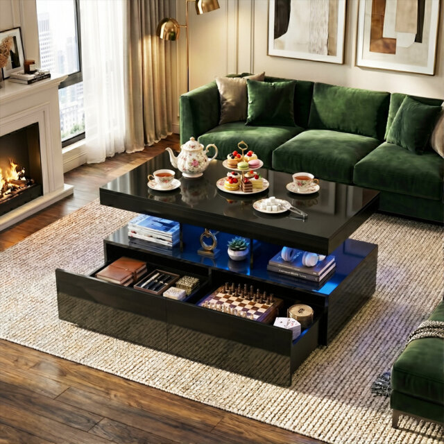 104cmW Modern UK High Gloss Coffee Table with RGB LED (App-Control), 2 Large Storage Drawers & Open Shelf