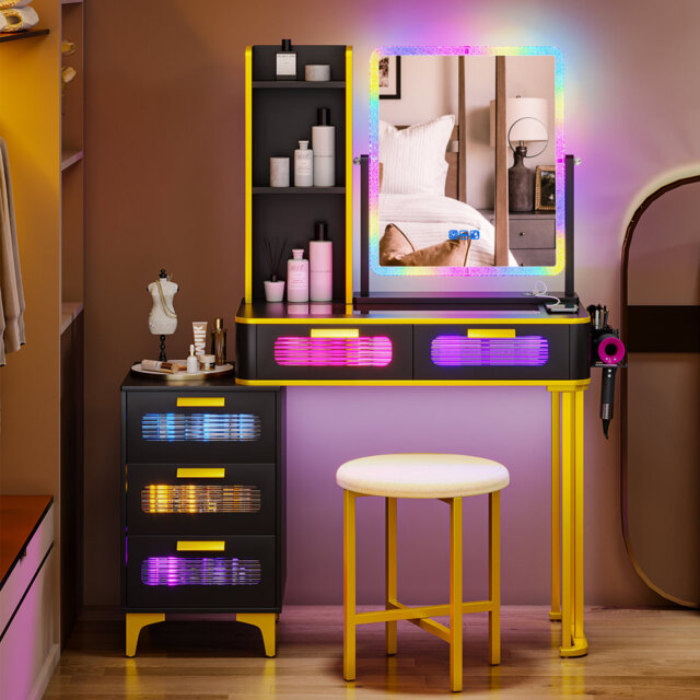 Dressing Table with Human Sensor RGB Lights, Tempered Glass Top, and Quick-Charging Station