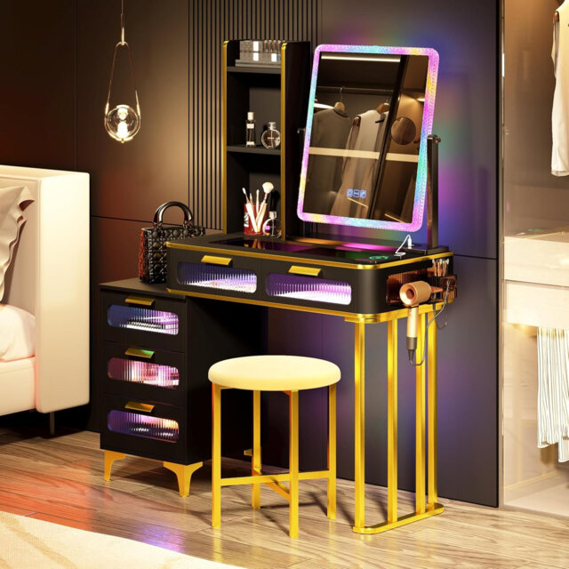 Dressing Table with Human Sensor RGB Lights, Tempered Glass Top, and Quick-Charging Station
