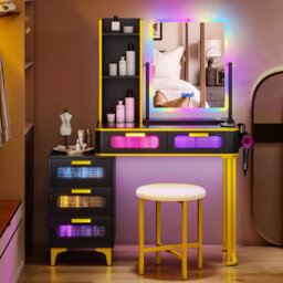 Dressing Table with Human Sensor RGB Lights, Tempered Glass Top, and Quick-Charging Station