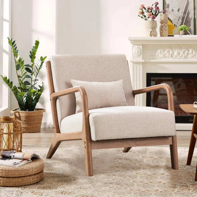 Solid Wood Accent Chair with Lumbar Pillow & Toss Cushion, Linen-Blend Armchair with Square Arms, Mid-Century Lounge Chair for Living Room & Bedroom