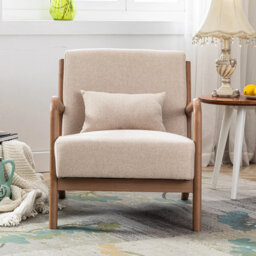 Solid Wood Accent Chair with Lumbar Pillow & Toss Cushion, Linen-Blend Armchair with Square Arms, Mid-Century Lounge Chair for Living Room & Bedroom