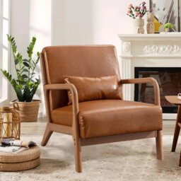 Solid Wood Accent Chair with Lumbar Pillow & Toss Cushion, Linen-Blend Armchair with Square Arms, Mid-Century Lounge Chair for Living Room & Bedroom