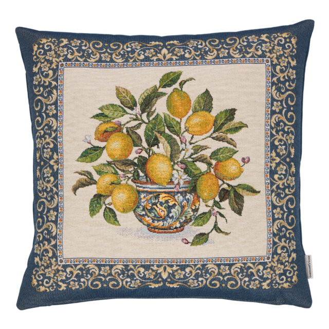 Lemons Vase Blue Woven Cushion with Fibre Filler