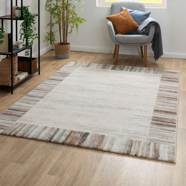 This designer rug has a beige border