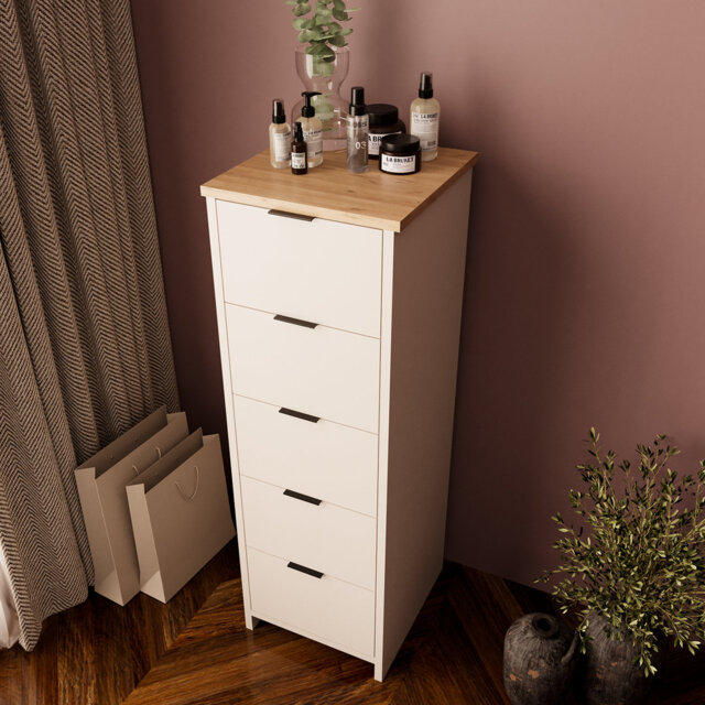 Laura Drawer Cabinet, 5 Drawer Storage Cabinet, Console Table with Storage, Sideboard Cupboard for Entryway Bedroom Living Room, White