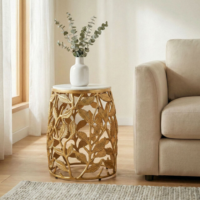 Gold Aluminium Round Side Table with White Marble Top & Leaf Motifs