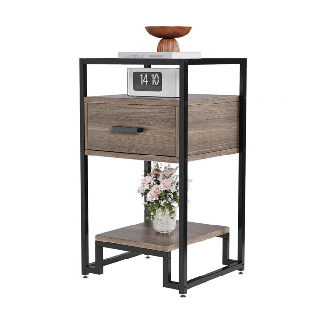 3-Tier Square Coffee Table with Open Shelves, Tempered Glass Top, Storage Drawer & Sturdy Steel Frame, Wood Bedside Table for Living Room or Bedroom,