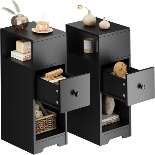 Slim Bedside Table With Storage Drawer, Set Of 2 Wooden Bathroom Floor Cabinet