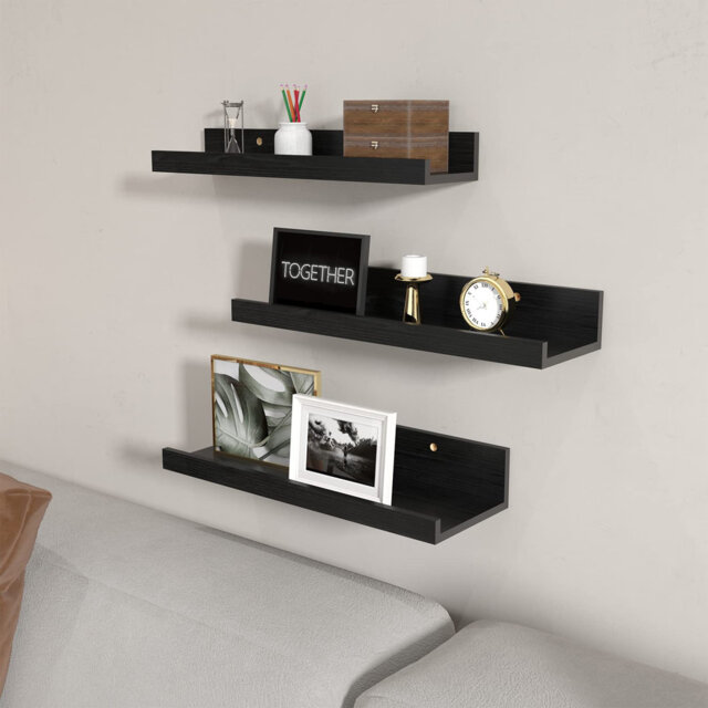 40cm Black Floating Shelves Set of 3, Woodgrain Wall Ledges for Storage in Any Room
