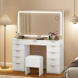 11-Drawer Dressing Table with Mirror, Modern Vanity Table Set with 3 Colors LED Light