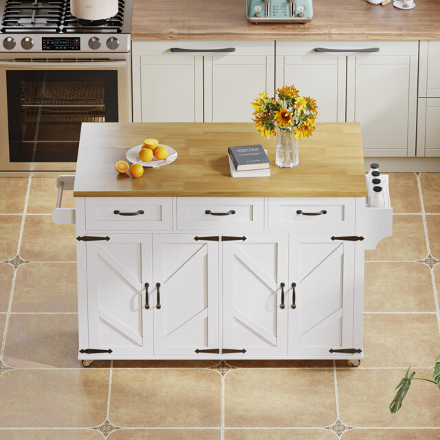 Rolling Kitchen Island with Foldable Tabletop, 5 Lockable Wheels, 4 Doors, 3 Drawers, Double-Sided Storage Racks and Towel Holder