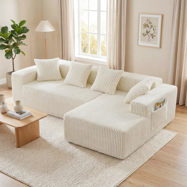 Modern Oversized Corner Sofa L-Shaped Corduroy Sofa With Storage Pockets