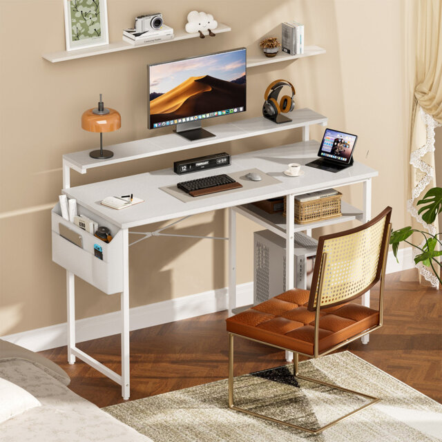 Office Computer Desk with LED Light,Office Table with Monitor Stand for Home/Office Use, Corner Desk with Large Storage Bag and Height Adjustable Stor